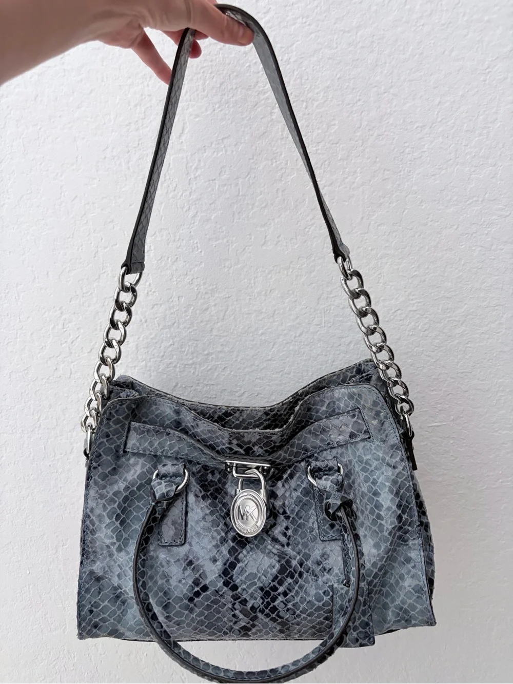 Michael Kors Hamilton blue snake-skin embossed satchel with matching wallet